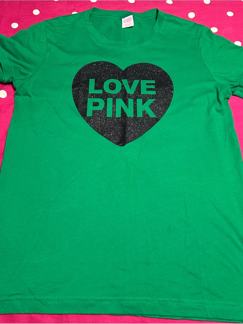 PINK Victoria's Secret Green Tee with Black Glitter Heart Small